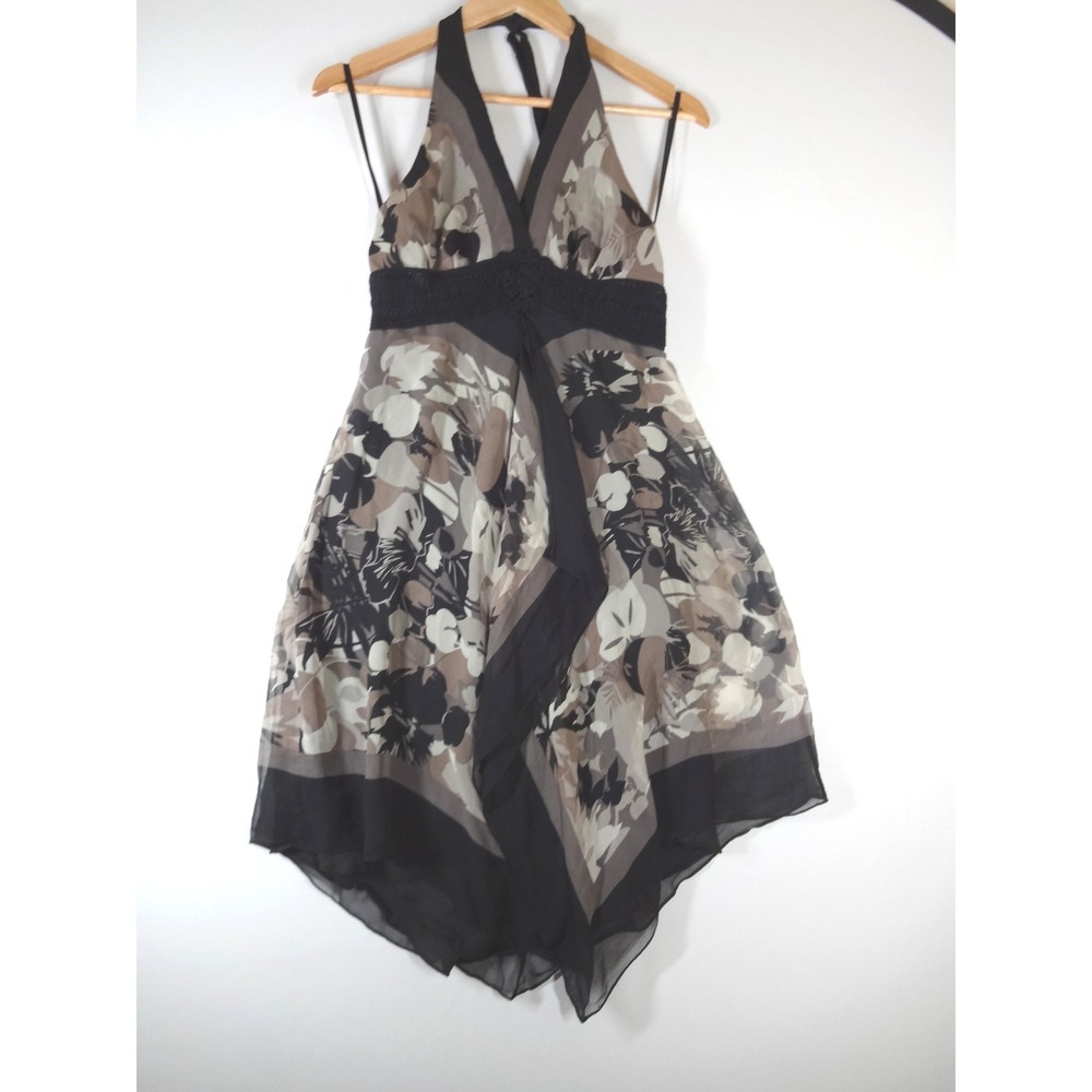Y2K Silk Halter Dress Small Black Floral Crochet Boho Handkerchief Hem Flowy